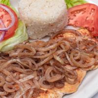 Grilled Chicken Breast With Sauteed Onions · Grilled chicken breast topped with cooked onions. Served with pico de gallo, 2 side orders a...