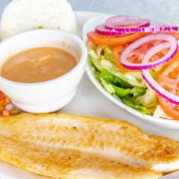 Grilled Fish With Shrimp · grilled swai fillet with shrimp sauce. Served with 2 side orders and 1 tortilla.