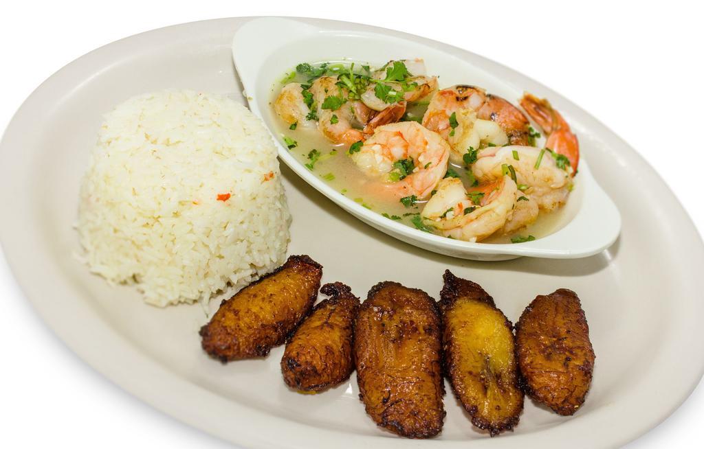 Garlic Shrimp · 6 large shrimps cooked in our garlic sauce. Served with 2 side orders and 1 tortilla.