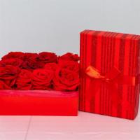 Crimson Rush · A dozen Preserved Red Roses in a beautiful red box.
Sure to last a long time.