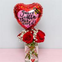 Out Of This World  · 6 Red Roses and a Balloon on a Stick .  Sure to bring that smile on any face.
