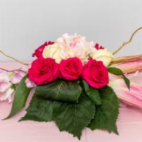 Pink Rose Centerpiece · Bring this beautiful centerpiece of Hydrangeas and bright Pink Roses to a home or office .