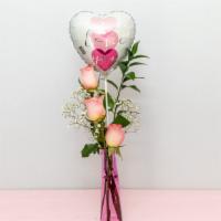 Pretty In Pink · Three beautiful Pink Roses in a beautiful red bud vase. With I love you balloon.