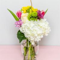 The Simplicity Bouquet · Simple Bouquet, but beautiful!  White Hydrangeas, White Roses, Tulips, Yellow Daisies & gree...