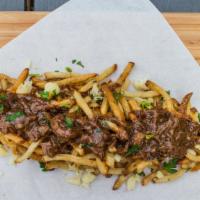 Extreme Loaded Texas Fries · Cheddar, monterrey jack, bacon, jalapenos, and scallions