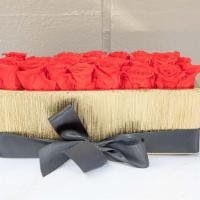 Luxury Preserved Roses Gold Long Vase  · Beautiful luxury rectangular gold vase filled with preserved roses last 1-2 years!