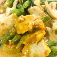 Panang Curry · Medium. Coconut milk, bell peppers, green beans, and basil leaves. Served in mild panang cur...