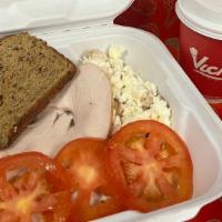 Healthy Breakfast · 3 Eggs scramble, Turkey, Sliced Tomatoes, Wheat toast, Coffee With Almond Milk