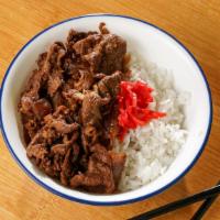 Gyudon Beef Bowl · A dashi and soy based sauce slowly cooked with thinly sliced beef and onions. Come with the ...