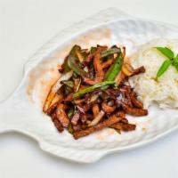 Shredded Beef Stir Fry · With green pepper and onion. Come with the white rice and two vegetable sides.