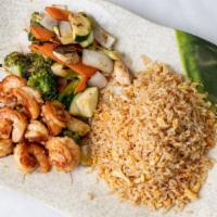 Shrimp · Served with vegetable soup salad steamed rice or fried rice.