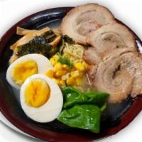 Pork Cha Shu (Tonkotsu) Ramen 日式猪拉面 · Pork Cha Shu,spinach, sweet corn, bamboo shoots, shredded seaweed and egg  in a pork bone br...