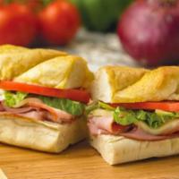 Ham & Cheese · Fresh slices of ham, melted provolone, lettuce & tomato. Served with honey mustard.