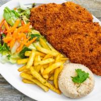 Milanesa De Pollo · Pounded chicken breast, lightly breaded and deep fried. Served with rice, salada and French ...