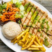 Pollo A La Plancha · Grilled chicken breast served with rice,salad and French fries.
