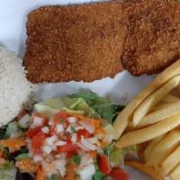 Chuleta Calena · Thin pork tenderloin lightly braded and fried. White rice. Salad and French fries.