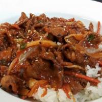 Spicy Pork Over Rice / 제육덮밥 · Stir fried spicy pork and vegetables (white rice and side dishes included)  ***please note t...