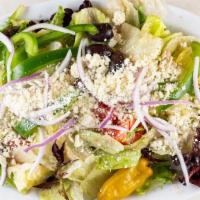 Greek Salad · Fresh crisp lettuce, tomatoes, cucumber, bell peppers, onions, olives, and feta.