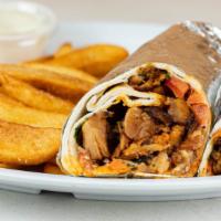 Chicken Shawarma (Gyro) · Roasted with garlic paste, fries, and pickles.