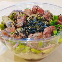 Classic Poke Bowl · Tuna, salmon, house special sauce(mayo base, contains sesame seeds and vinger), cucumber, gr...