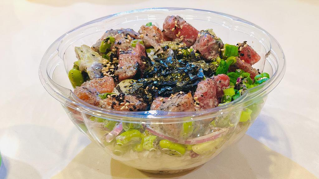 Classic Poke Bowl · Tuna, salmon, house special sauce(mayo base, contains sesame seeds and vinger), cucumber, green & red onion, edamame, seaweed salad, sesame seeds, seasonings.