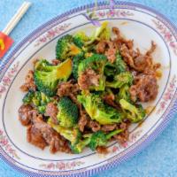 Beef Broccoli · Sliced tender beef sautéed with broccoli, mushrooms, water chestnuts, etc.