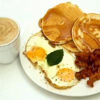 #5 Combo American Breakfast · 2 fried eggs,pancake bacon and american coffee
