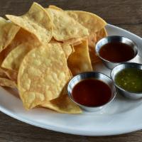 Chips & Salsa · One large basket of chips server with any three salsas