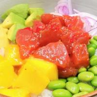 Tuna Poke · Tuna, Avocado, Edamame, Red Onion, and Mango over Sushi Rice