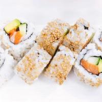 Salmon California Roll · Salmon, avocado, and cucumber topped with sesame seed.
