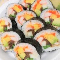Futomaki(Giant Roll) · Eel, Krab, Masago, Avocado, Cucumber, Asparagus, Egg, Kanpyo and Sesame Seed. (Large Roll)