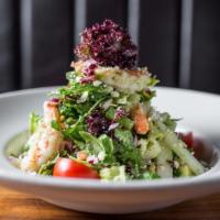 Mediterranean Shrimp Salad · field greens with avocado, peppadew, red onion, jicama, feta & avocado vinaigrette