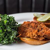 The Number Six · cajun buttermilk fried chicken with two slices of pickle along with roasted garlic dressing ...