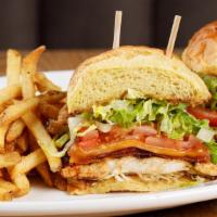 The Wright Chicken Sandwich · melted cheddar with shredded lettuce, tomato, red onion & slathered with dijon honey