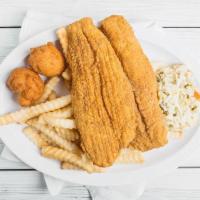 2Pc Pieces Catfish Dinner · Comes with fries, slaw, & hush puppies.