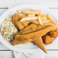 2Pc Pieces Whiting Dinner · With fries coleslaw and hush puppies.