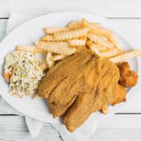 2Pc Pieces Tilapia Dinner · Comes with fries, slaw, & hush puppies.