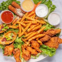 Sampler Platter · A fan favorite with wings, chicken strips, mac-n-cheese balls, mozzarella sticks along with ...