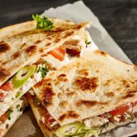 Chicken Quesadilla · Pressed in a Flour Tortilla with Jack & Cheddar Cheese with a side of Shredded Lettuce, Pico...