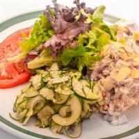 Chicken Salad Platter · Scoop of chicken salad, potato and cucumber salads served with sliced tomatoes, mixed field ...