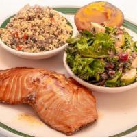 Broiled Salmon · Broiled center cut salmon served w/ dill tartar sauce. Blue plate served w/ 2 sides and a co...
