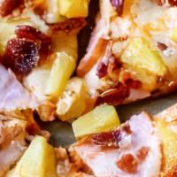 Hawaiian Pizza (16) · Tomato sauce, ham, pineapple, bacon, mozzarella cheese.