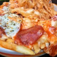 Pizza Fries · Fries covered with marinara, mozzarella and melted provolone.