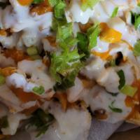 Buffalo Chicken Fries · Fries loaded with buffalo chicken, bleu cheese crumbles, buffalo sauce, shredded cheese and ...