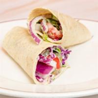 Veggie Wrap · Red cabbage, lettuce, tomatoes, onions, pickles, vegan mayo, mustard, soft gluten-free vegan...