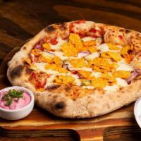 Picante: Mozzarella, Cheddar Cheese, Jalapeños, Red Onions & Doritos · 