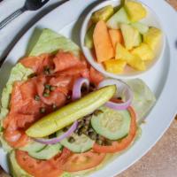 Nova Platter · Smoked salmon. Center-sliced smoked salmon served on the side of your favorite bagel with wh...