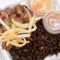 Grio Compl · Fried Pork, Rice, Onions and 
Sauces/pickles
