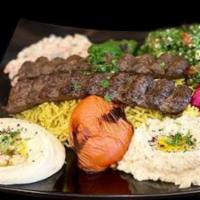 Kufta Kabab Platter · Two skewers of grilled spiced ground beef.