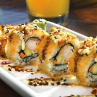 Crunch Roll · Tempura battered shrimp, carrot, cucumber, and cream cheese rolled in a panko breading and f...